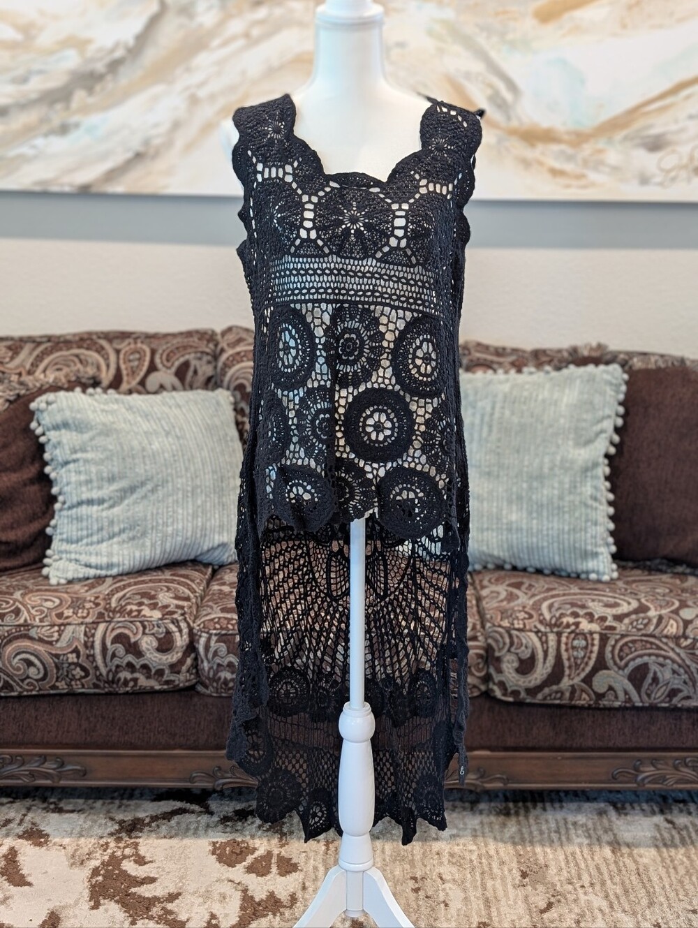 Black Crocheted Lace High Low Vest